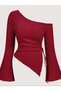Burgundy One Shoulder Corded Fabric Knitwear Blouse, Side Gathered Spanish Sleeve Asymmetrical Cut Women's Blouse