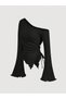 Black One Shoulder Corded Fabric Knitwear Blouse, Side Gathered Spanish Sleeve Asymmetrical Cut Women's Blouse - 8
