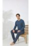 Men's Pajama Set Long Sleeve Top with Pocket Blue Plaid Bottom Cotton Comfortable Home Wear - 2