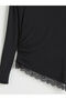 Black Crew Neck Lace Detailed Gathered Blouse - 2