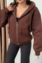 Women's Hooded Lace-Up Brown Sweatshirt Zippered 3 Thread Ş Fleece-Lined Relaxed Fit - 2
