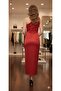 Noble red, one-shoulder, premium quality satin dress with a pleated waist and a long, elegant silhouette. - 4