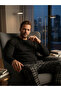 Men's Jacquard Black Pajama Set with Plaid Bottoms and Plain Top - 2
