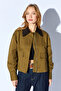 Khaki Collar and Cuff Velvet Paneled Short Trench Coat |   Mkw351518-01 - 5