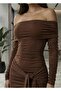 Bitter Coffee Madonna Collar Draped Ruched Detail Tie Front Long Sleeve Slim Fit Mini Dress - 2