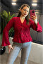 Red Textured Fabric Flywheel Sleeve Knitwear Cardigan - 5