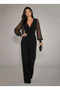 Women's Black Double-Breasted Neckline Tulle Detail Long Sleeve Viscose Trend Jumpsuit - Stylish Evening and Occasion Jumpsuit