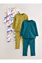 طقم بيجامة قطنية مكون من 3 قطع بنمط فيونكة كريمية خضراء