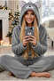 Gray Hooded Embroidered Wellsoft Winter Knitted Pajama Set