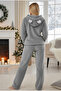 Gray Hooded Embroidered Wellsoft Winter Knitted Pajama Set - 3