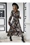 New Season Women's Long Sleeve Patterned Double-Breasted Collar Maxi Dress - 4