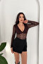 Lace V-Neck Long Sleeve Snap-Button Women's Bodysuit - 6