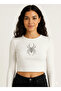Women's Spider Crystal Stone Printed Crew Neck Long Sleeve Corded Fabric Crop Blouse Top