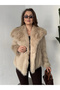 Women's Beige Faux Fur Coat Winter Plush Stylish Model - 5