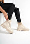 Lace-Up Furry Beige Matte Women's Boots - 6
