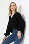 Women's Black V-Neck Casual Oversized Soft Knitwear Sweater - 3