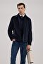 Navy Blue Comfort Fit Judge Collar Velvet Coat - 3