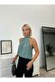 Women's Mint Stand Collar Sleeveless Pleated Sandy Fabric Blouse - 2