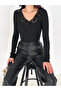 V Neck Lace Detail Black Blouse - 2