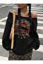 Women's Rock & Roll Printed Boat Neck Oversized Sweatshirt - 5
