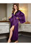 Women's long one-piece dressing gown with shoulder lace detail, batwing sleeves, and belt. - 3
