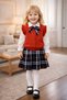 Red Vest Set Navy Blue Plaid Skirt Girl's Suit (with Socks as a Gift) - 2
