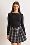Women's Black Self-Fabric Pleated Plaid Mini Skirt with Shorts Etk-19000381 - 6