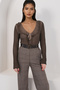 Washable Coffee V-Neck Knitted Blouse with Ruffle Detail on the Front Alc-X14363 - 3