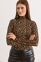 Women's Leopard Brown Turtleneck See-Through Stretchy Blouse Blz-19003169 - 5