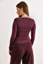 Women's Plum Side Drape Boat Neck Transparent Blouse Blz-19003196 - 3