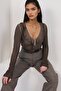 Washable Coffee V-Neck Knitted Blouse with Ruffle Detail on the Front Alc-X14363
