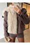Faux Fur Scarf with Detailed Stitching, Beige - 2