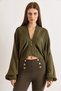 Women's Green Zippered Batwing Loose Fit Cardigan Hrk-19000457 - 6