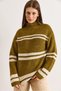 Women's Oil Green Mock Neck Striped Loose Fit Knitwear Sweater Kzk-19001120 - 4