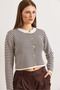Women's Brown Crew Neck Striped Basic Knit Cardigan Hrk-19000456 - 2
