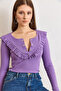 Women's Purple Ruffled Placket Ribbed Knit Blouse Blz-19001667