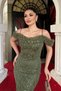 Full Beaded Fabric Boat Neck Fish Tail Evening Dress - Khaki Green - 3