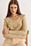 Women's Beige Ruffled Placket Ribbed Knit Blouse Blz-19001667 - 5