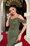 Full Beaded Fabric Boat Neck Fish Tail Evening Dress - Khaki Green - 4