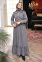 Smoked Collar Stone Detail Half Zipper Belted Denim Dress - 2