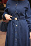 Navy Blue Buttoned Denim Dress with Elastic Waistband - 3