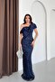 Navy Blue Collar Detailed Sequined Long Evening Dress