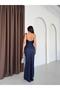 Navy Blue Collar Detailed Sequined Long Evening Dress - 6