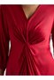 Women Red Satin Midi Dress with Twist Detail - 5