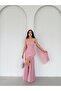 Powder Tulle Skirted Strapless Evening Dress with Shawl Detail - 2