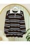 Polo Collar Half Buttoned Colorful Striped Knit Sweater - Brown - 3