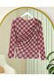 Plaid Patterned Blouse with Gathered Sides - Burgundy - 4