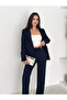 Navy Blue Laser Cut Blazer Jacket Palazzo Pants Suit - 4