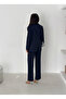 Navy Blue Laser Cut Blazer Jacket Palazzo Pants Suit - 7