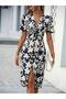 Women's Navy Blue Cream Floral Patterned V-Neck Ruched Detail Slit Midi Dress - 4